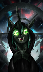 Size: 730x1200 | Tagged: safe, artist:not-ordinary-pony, queen chrysalis, changeling, changeling queen, crossover, darth sidious, emperor palpatine, fangs, glowing eyes, solo, star wars