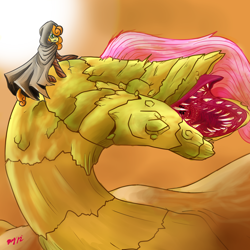 Size: 1300x1300 | Tagged: safe, artist:damaximos, carrot top, fluttershy, golden harvest, earth pony, pony, crossover, dune, female, fremen, mare, ponies riding worms, pun, sandworm, shai-hulud, stillsuit, visual pun