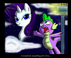 Size: 916x746 | Tagged: safe, artist:thex-plotion, rarity, spike, dragon, pony, unicorn, i would do anything for love, meat loaf, song reference