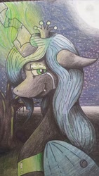 Size: 581x1032 | Tagged: dead source, safe, artist:justthemadponi, queen chrysalis, changeling, changeling queen, crying, female, magic, smiling, solo, traditional art