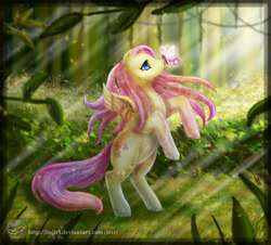 Size: 800x722 | Tagged: safe, artist:ilujiri, fluttershy, butterfly, pegasus, pony, forest, solo