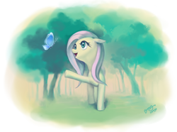 Size: 1116x831 | Tagged: safe, artist:dawkinsia, fluttershy, butterfly, pegasus, pony, female, mare, signature, simple background, solo, transparent background, tree