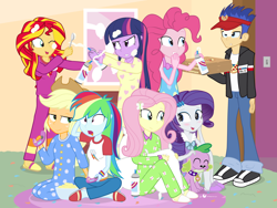 Size: 1440x1080 | Tagged: safe, artist:dm29, applejack, flash sentry, fluttershy, pinkie pie, rainbow dash, rarity, spike, sunset shimmer, twilight sparkle, twilight sparkle (alicorn), alicorn, dog, equestria girls, rainbow rocks, blushing, clothes, controller, cute, derp, derp face, footed sleeper, humane seven, jacket, julian yeo is trying to murder us, mane seven, mane six, pajamas, petting, pizza, slippers, slumber party, spike the dog, visor, whipped cream