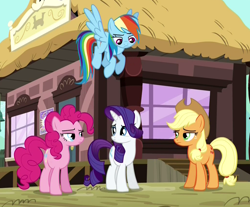 Size: 1032x856 | Tagged: safe, derpibooru import, screencap, applejack, pinkie pie, rainbow dash, rarity, earth pony, pegasus, pony, unicorn, three's a crowd, applejack is not amused, applejack's hat, cowboy hat, female, flying, hat, mare, pinkie pie is not amused, rainbow dash is not amused, unamused