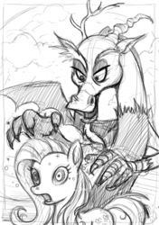 Size: 728x1035 | Tagged: safe, artist:14-bis, discord, fluttershy, draconequus, pegasus, pony, black and white, discorded, grayscale, hypnotized, mind control, monochrome, open mouth