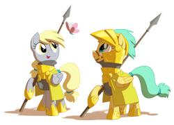 Size: 2400x1725 | Tagged: safe, artist:equestria-prevails, derpy hooves, sunshower raindrops, butterfly, pegasus, pony, armor, epic derpy, female, guard, mare, simple background, spear, transparent background