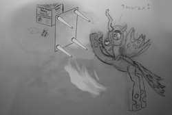 Size: 1024x687 | Tagged: safe, artist:starlight flux, artist:starlight-flux, artist:starlightflux, queen chrysalis, thorax, changeling, changeling queen, the times they are a changeling, newbie artist training grounds, newspaper, table