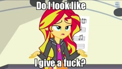 Size: 600x338 | Tagged: safe, sunset shimmer, equestria girls, rainbow rocks, meme, shrug, shrugset shimmer, vulgar