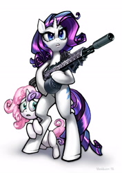 Size: 3508x4960 | Tagged: dead source, safe, artist:vombavr, rarity, sweetie belle, pony, unicorn, bipedal, drum magazine, duo, eotech, female, gun, hiding, holographic sight, m14, m14 ebr, magpul, picatinny rail, protecting, rifle, siblings, sisters, suppressor, weapon