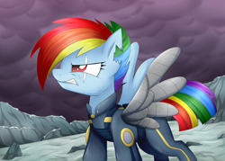 Size: 4200x3000 | Tagged: safe, artist:scarlet-spectrum, derpibooru import, rainbow dash, pegasus, pony, the cutie re-mark, alternate timeline, amputee, apocalypse dash, augmented, clothes, crystal war timeline, female, glare, gritted teeth, growling, mare, military uniform, prosthetic limb, prosthetic wing, prosthetics, scar, scowl, solo, torn ear, uniform, war