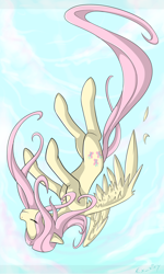 Size: 1200x1998 | Tagged: safe, artist:exxiry, fluttershy, pegasus, pony, eyes closed, falling, solo, upside down