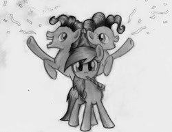 Size: 1018x785 | Tagged: safe, artist:kittyxboo, derpibooru import, cheese sandwich, pinkie pie, rainbow dash, earth pony, pegasus, pony, pinkie pride, monochrome