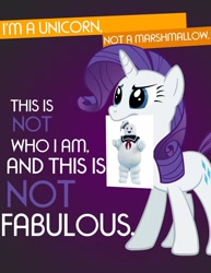 Size: 680x880 | Tagged: safe, rarity, pony, unicorn, ghostbusters, marshmallow, mouth hold, not fabulous, parody, public service announcement, rarity is a marshmallow, stay puft marshmallow man, we're a culture not a costume