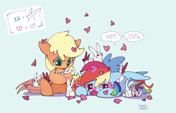 Size: 2558x1633 | Tagged: safe, artist:dusty-munji, applejack, rainbow dash, earth pony, pegasus, pony, rabbit, chibi, cute, dashabetes, duo, female, green background, heart, jackabetes, mare, simple background, weapons-grade cute