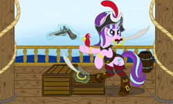 Size: 7034x4231 | Tagged: safe, artist:sethisto, starlight glimmer, parrot, pony, unicorn, absurd resolution, clothes, cutlass, flintlock, gun, hat, mouth hold, pirate, pirate ship, solo, sword, weapon