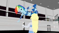 Size: 1360x760 | Tagged: safe, artist:the-horrible-mu, derpibooru import, derpy hooves, rainbow dash, equestria girls, 3d, clothes, cutie mark on clothes, midriff, mmd, muscles, sports bra, wrestler, wrestling, wrestling move, wrestling ring