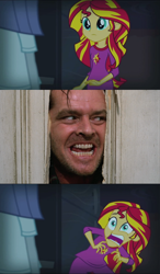 Size: 764x1312 | Tagged: safe, sunset shimmer, equestria girls, rainbow rocks, exploitable meme, here's johnny, jack nicholson, jack torrance, meme, sunset screamer, the shining