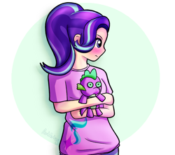 Size: 4500x4000 | Tagged: safe, artist:artartzy, spike, starlight glimmer, human, blushing, clothes, embarrassed, female, humanized, male, shipping, shirt, solo, sparlight, spike plushie, straight