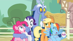 Size: 1440x810 | Tagged: safe, derpibooru import, screencap, applejack, discord, pinkie pie, rainbow dash, rarity, earth pony, pegasus, pony, unicorn, three's a crowd, blue flu, group hug, hub logo