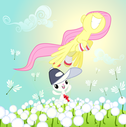 Size: 3967x4000 | Tagged: safe, artist:404compliant, angel bunny, fluttershy, pegasus, pony, dandelion, hat, sweatband