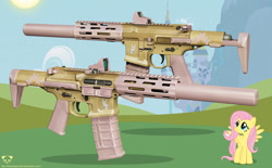 Size: 1280x795 | Tagged: safe, artist:the bad panda2, fluttershy, pegasus, pony, 3d, aac honey badger, gun, gunified, meta, my little arsenal, picatinny rail, reflex sight, rifle, suppressor