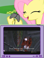 Size: 563x752 | Tagged: safe, fluttershy, pegasus, pony, controller, exploitable meme, eyes closed, fable, female, gamershy, happy, hoof hold, jack of blades, mare, meme, open mouth, pink mane, screen, smiling, tv meme, yellow coat