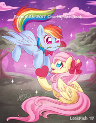 Size: 1024x1317 | Tagged: safe, artist:abbystarling, derpibooru import, fluttershy, rainbow dash, pegasus, pony, blushing, book, bronycan, charity, cover art, cute, dashabetes, female, flower, flower in mouth, flutterdash, flying, heart, lesbian, mare, marker drawing, mouth hold, open mouth, shipping, shyabetes, traditional art