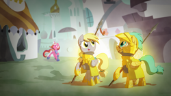Size: 1920x1080 | Tagged: safe, artist:equestria-prevails, derpy hooves, galaxy (g1), sunshower raindrops, pegasus, pony, unicorn, armor, epic derpy, female, guardsmare, mare, royal guard, spear, wallpaper