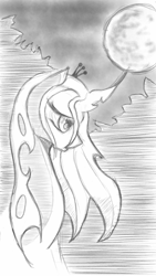 Size: 720x1280 | Tagged: safe, artist:arcanelexicon, queen chrysalis, changeling, changeling queen, monochrome, moon, solo