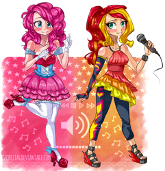 Size: 1448x1500 | Tagged: safe, artist:zorbitas, pinkie pie, sunset shimmer, equestria girls, rainbow rocks, microphone, sleeveless