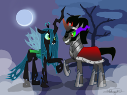 Size: 1575x1181 | Tagged: safe, artist:aurumluxetal, king sombra, queen chrysalis, changeling, changeling queen, pony, unicorn, chrysombra, male, raised hoof, shipping, straight