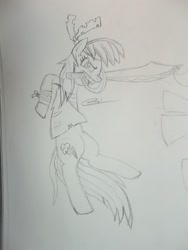 Size: 1024x1365 | Tagged: safe, artist:castlemaid, derpibooru import, idw, rainbow dash, pegasus, pony, spoiler:comic, spoiler:comic13, comic, pirate, saber, scimitar, sketch, traditional art, weapon