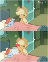 Size: 1420x1830 | Tagged: safe, artist:irenla, derpibooru import, applejack, rainbow dash, earth pony, pegasus, pony, appledash, applejerk, bed, bedsheets, bucket, comic, cowboy hat, female, hat, lesbian, mare, pillow, shipping, stetson, waking up, water