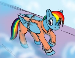 Size: 800x617 | Tagged: safe, artist:tielgar, derpibooru import, rainbow dash, pegasus, pony, bound wings, chains, clothes, cuffs, prison outfit, prisoner, prisoner rd, shackles, solo