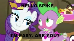 Size: 631x351 | Tagged: safe, edit, edited screencap, screencap, rarity, spike, dragon, pony, unicorn, dragon quest, apron, blushing, caption, clothes, female, hub logo, image macro, innuendo, male, mare, meme, rarity's bad pickup lines, shipping, sparity, straight