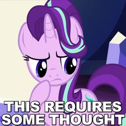 Size: 500x500 | Tagged: safe, edit, edited screencap, screencap, starlight glimmer, pony, unicorn, the crystalling, caption, image macro, looking down, meme, raised hoof, reaction image, solo, thinking