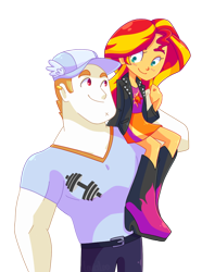 Size: 742x1000 | Tagged: safe, artist:looji, bulk biceps, sunset shimmer, equestria girls, rainbow rocks, blushing, cute, earring, scene interpretation, shoulder ride, simple background, sitting, smiling, transparent background