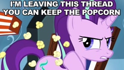 Size: 800x450 | Tagged: safe, screencap, starlight glimmer, pony, unicorn, the crystalling, abandon thread, angry, caption, food, image macro, looking back, meme, popcorn, reaction image, solo, thread, throwing