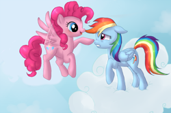 Size: 800x530 | Tagged: safe, artist:pinkamina-diane-pie, derpibooru import, edit, pinkie pie, rainbow dash, pegasus, pony, boop, cloud, flying, hilarious in hindsight, noseboop, pegasus pinkie pie, race swap