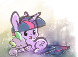 Size: 422x311 | Tagged: safe, artist:th351, derpibooru import, spike, twilight sparkle, dragon, pony, unicorn, female, mare