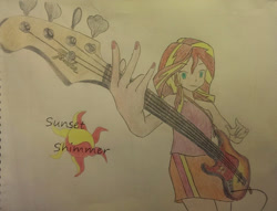 Size: 1600x1225 | Tagged: safe, artist:cyrix-s, sunset shimmer, equestria girls, bass guitar, musical instrument, solo