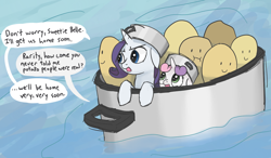 Size: 1200x700 | Tagged: safe, artist:spicyhamsandwich, rarity, sweetie belle, pony, unicorn, context is for the weak, pot, potato, wat