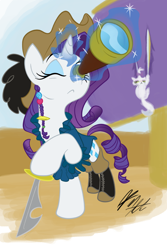 Size: 800x1200 | Tagged: safe, artist:rannva, opalescence, rarity, pony, unicorn, boots, clothes, dress, hat, jewelry, levitation, magic, pirate, pirate hat, shoes, sword, telekinesis, telescope