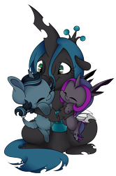Size: 2470x3715 | Tagged: safe, artist:cutepencilcase, queen chrysalis, oc, oc:midnight, oc:smooth sailing, changeling, changeling queen, mommy chrissy, purple changeling, simple background, transparent background