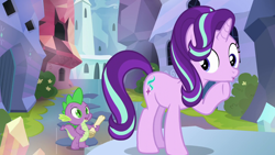 Size: 1280x720 | Tagged: safe, screencap, spike, starlight glimmer, dragon, pony, unicorn, the crystalling, duckface, open mouth, raised hoof, scroll, stare