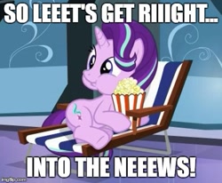 Size: 459x379 | Tagged: safe, derpibooru exclusive, starlight glimmer, pony, unicorn, caption, catchphrase, drama alert, food, image macro, imgflip, keemstar, meme, popcorn, reference