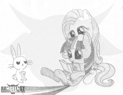 Size: 990x765 | Tagged: safe, artist:rangelost, derpibooru import, angel bunny, fluttershy, twilight sparkle, pegasus, pony, g4, book, female, grayscale, lesbian, reading, shipping, twishy