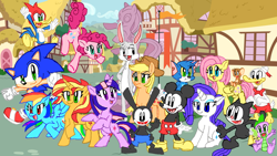 Size: 1024x576 | Tagged: safe, artist:joshbelldigitalarts, applejack, fluttershy, pinkie pie, rainbow dash, rarity, spike, sunset shimmer, twilight sparkle, cat, dragon, earth pony, pegasus, pony, unicorn, bugs bunny, crossover, felix the cat, gandy goose, mane seven, mane six, mickey mouse, oswald the lucky rabbit, sonic the hedgehog, sonic the hedgehog (series), tom and jerry, woody woodpecker