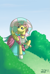 Size: 615x915 | Tagged: safe, artist:alipes, fluttershy, pegasus, pony, clothes, dress, solo, umbrella, victorian