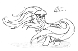 Size: 1796x1176 | Tagged: safe, artist:leadhooves, fluttershy, pegasus, pony, female, floppy ears, folded wings, looking at you, looking back, looking back at you, mare, monochrome, one eye closed, pencil drawing, solo, standing, teary eyes, traditional art, windswept mane, wings